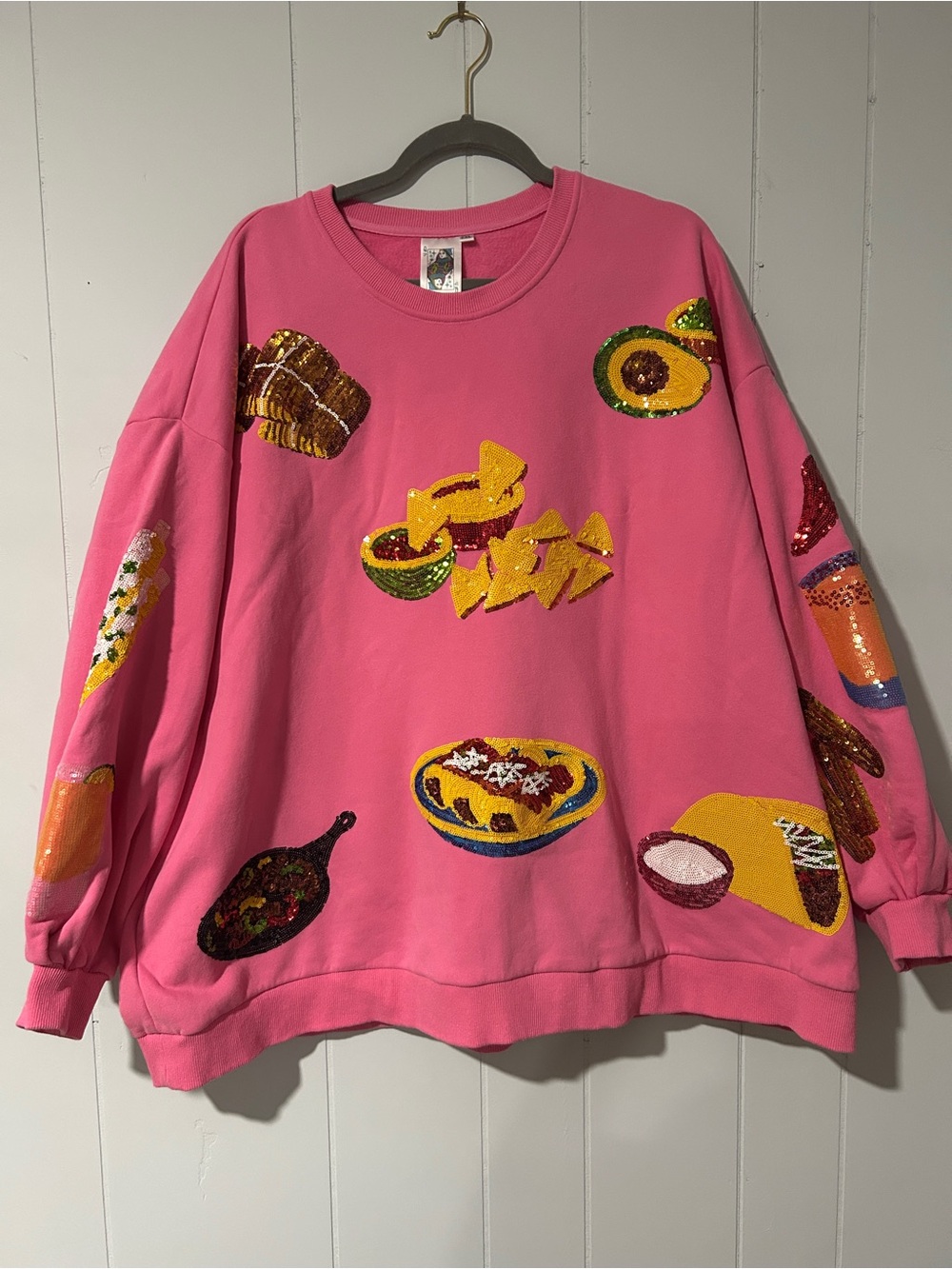 QUEEN OF SPARKLES Pink Sequin Food-Appliqué Crewneck Sweatshirt